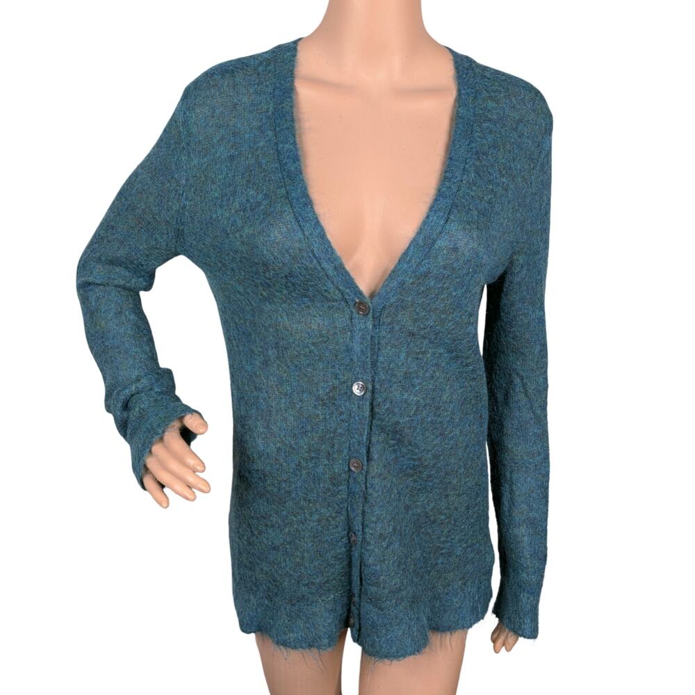 J Crew Ocean Heather Blue Teal Kid Mohair Shaggy Cardigan Sweater SZ S Fuzzy
